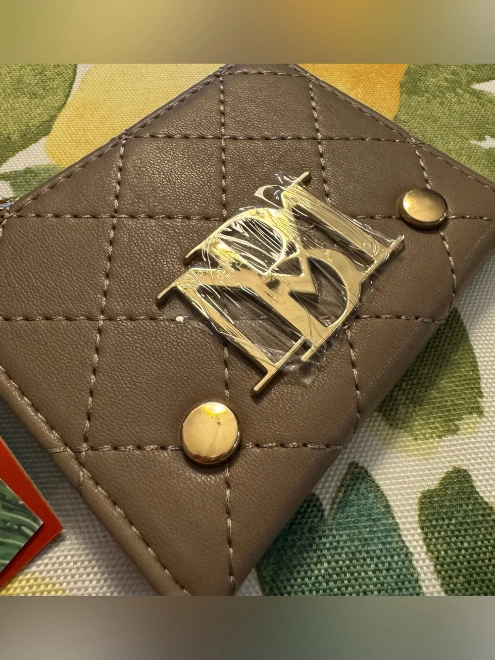 Badgley Mischka Brown Quilted Clutch with Gold Logo Hardware